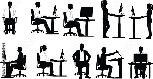 Office ergonomics, workstation posture, standing desk, seated posture, adjustable desk, computer monitor, healthy workspace, silhouette