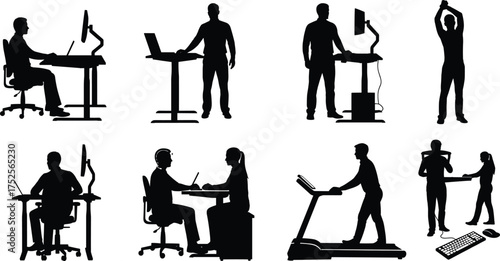 Office posture, standing desk, remote work, ergonomic setup, workplace wellness, fitness at work, teamwork, stretching, treadmill desk, healthy habits