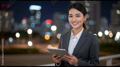 Business professional using digital tablet outdoors at night