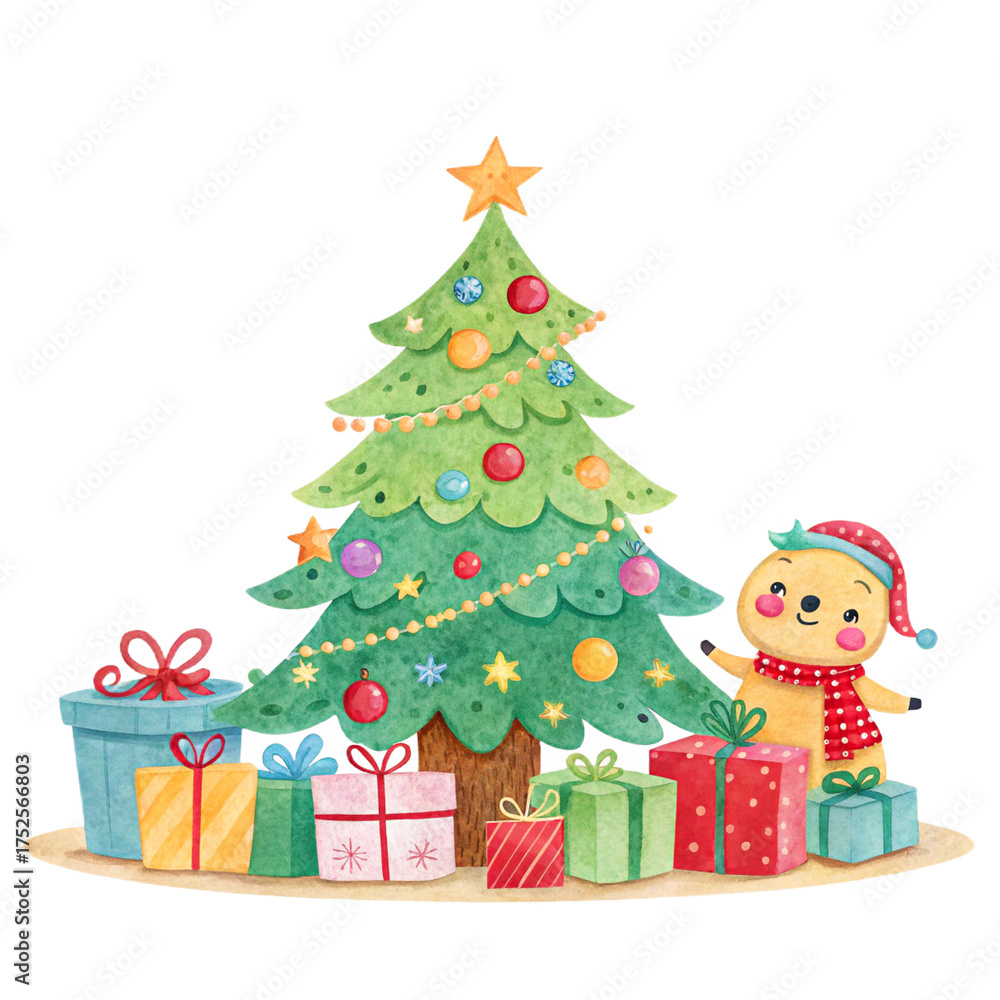 Naklejka premium Christmas tree and gifts, Cartoon decorating Christmas tree vector design isolated white background