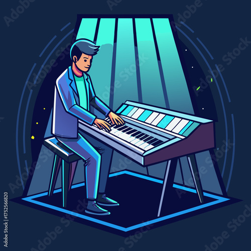 Man playing piano illuminated by spotlights in a dark room