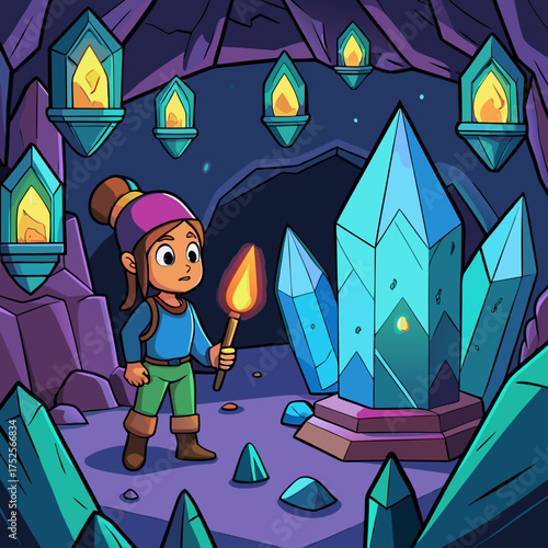 Girl exploring a crystal cave with a glowing torch