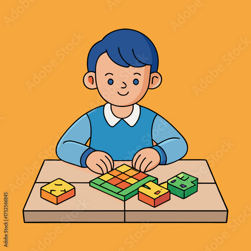 Cartoon boy assembling geometric puzzle on a wooden table