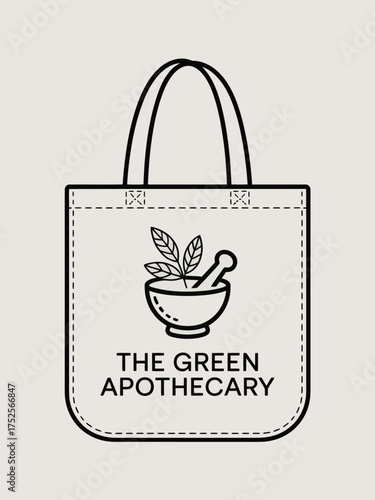 The Green Apothecary Tote Bag Design with Mortar and Pestle for Herbal Remedies