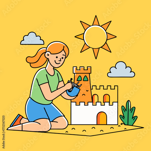 Woman building a sandcastle on the beach in sunny weather