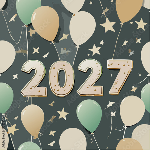 Colorful balloons and stars celebrate New Year's Eve with the year 2027 in a festive and joyful atmosphere.