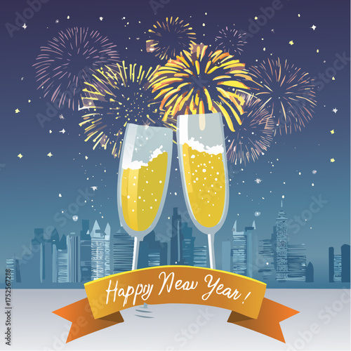 Illustration of two champagne glasses with fireworks and city skyline at night, celebrating New Year's Eve with a festive banner.