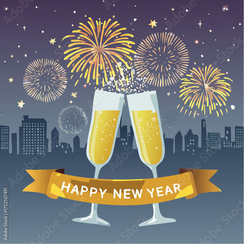 Illustration of two champagne glasses with fireworks and a Happy New Year banner on a city skyline background at night.
