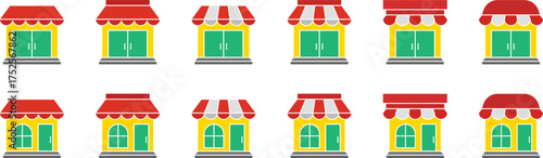 Store icon set. Colored store icons in different styles. Retail icon set. Store symbol. Shop icon set. Shop symbol. Store Building. Shop building. Vector illustration