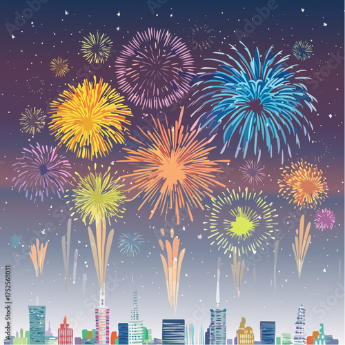 Vibrant fireworks exploding in the night sky above a city skyline on New Year's Eve with a colorful display of lights and a festive atmosphere.