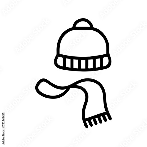 Winter hat and scarf in black outline illustration