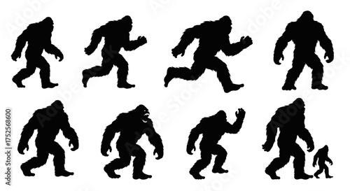 Sasquatch Bigfoot Yeti silhouettes set isolated on white background vector illustration