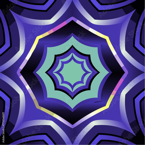 A vibrant, symmetrical graphic design featuring a kaleidoscope pattern with shades of blue, purple, and teal, creating a mesmerizing New Year's Eve-inspired visual effect with a dark