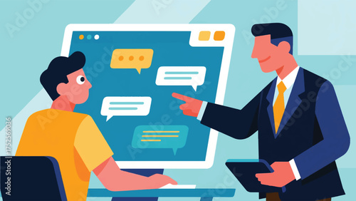 Illustration Of An Experienced Employee Is Teaching A New Hire Via A Chat Vector Design Template