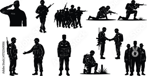 Soldier, military, army, silhouette, combat, rifle, salute, formation, teamwork, discipline, war, defense, training, uniform, mission, patriotism, armed forces, battlefield, honor, protection