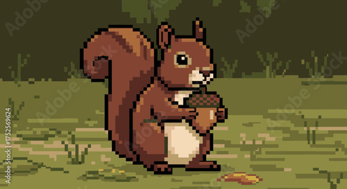 A pixel art illustration of a cute brown squirrel holding a large acorn in a forest setting.