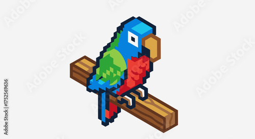 A colorful pixel art parrot with blue, green, and red feathers perched on a wooden branch.