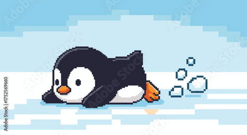 A cute pixel art penguin sliding on its belly across the ice, kicking up snow.