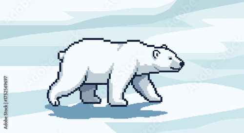 A pixel art illustration of a white polar bear walking across a snowy, icy landscape.