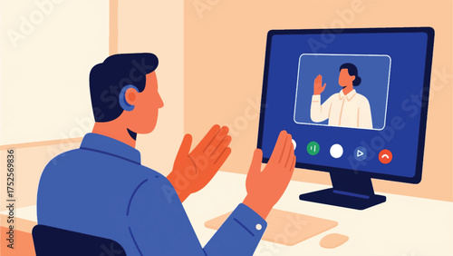 Illustration Of Deaf Employee Participating Actively In A Video Conference In A Small Window On The Screen Vector Design Template