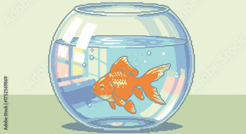 A pixel art illustration of a bright orange goldfish swimming peacefully inside a round glass fishbowl.