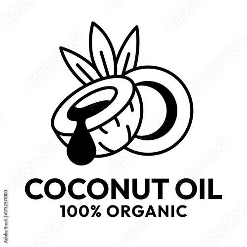 Coconut oil half with leaf icon set. 100% organic and natural. Coconut oil label, logo, badge, symbol, banner, line, flat vector, isolated illustration. Coconut oil label for product packaging design.