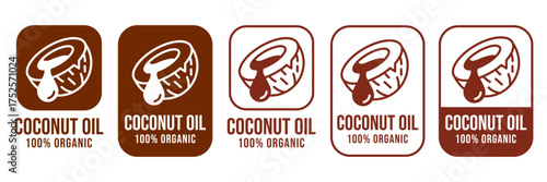 Coconut oil half with leaf icon set. 100% organic and natural. Coconut oil label, logo, badge, symbol, banner, line, flat vector, isolated illustration. Coconut oil label for product packaging design.