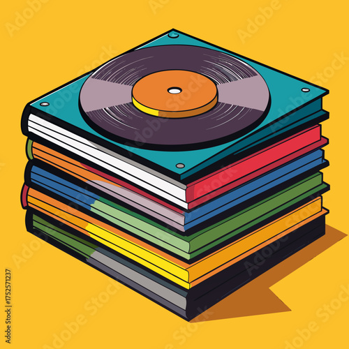 A stack of illustrated vinyl records with a turntable on top