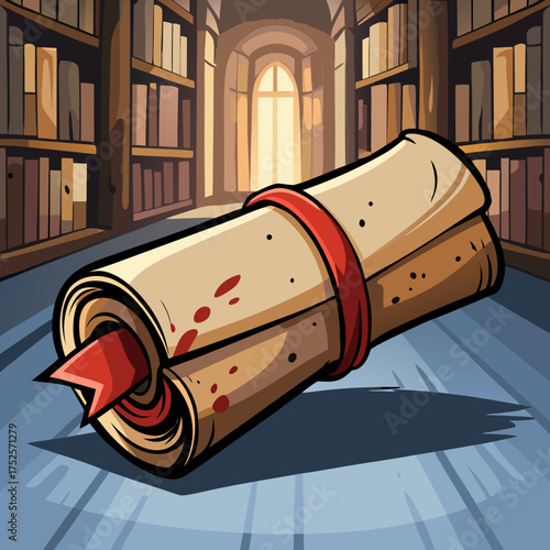 Rolled parchment scroll with red ribbon and ink splatter in library
