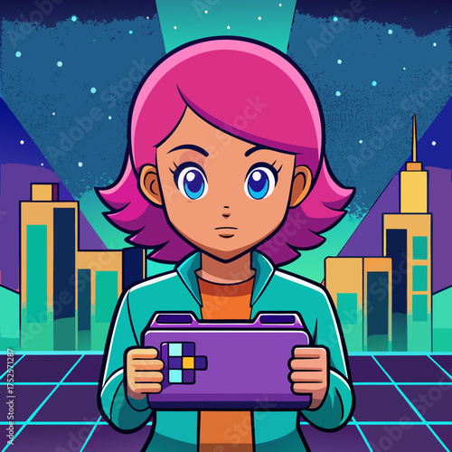 Cartoon girl playing a handheld video game in the city