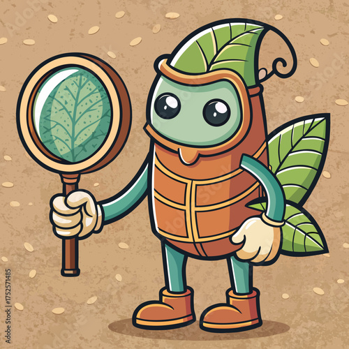 Cute cartoon character with a magnifying glass examining a leaf