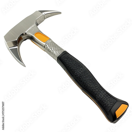 Metal tool with textured black handle, chrome head, orange accents