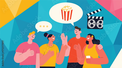 Illustration Of Friends Are Deciding On A Movie To Watch Together, The Chat Bubbles Show A Popcorn Box And A Film Reel Vector Design Template