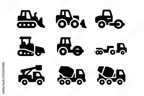 Construction vehicles in black silhouettes showing various types used in building and excavation tasks