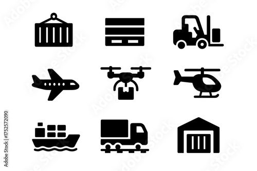 Logistics and transport icons depicting various modes of cargo movement from warehouse to shipping