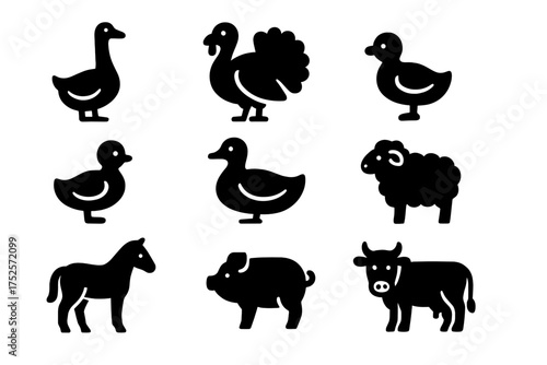 Various farm animals in simple black silhouettes on a white background