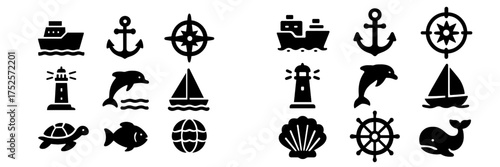 Nautical-themed icons featuring boats, sea creatures, and navigation symbols for maritime design