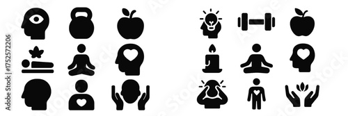 Wellness and mindfulness icons depicting health, fitness, and meditation activities for a balanced life
