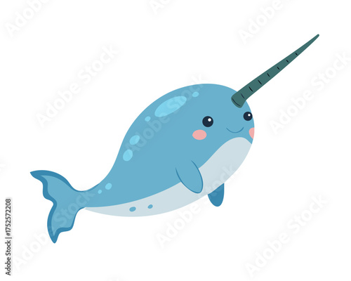 Flat 2D Narwhal illustration, vector graphic in icon style, on white background