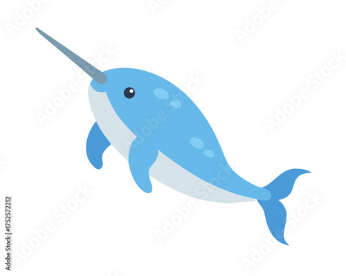 Flat 2D Narwhal illustration, vector graphic in icon style, on white background