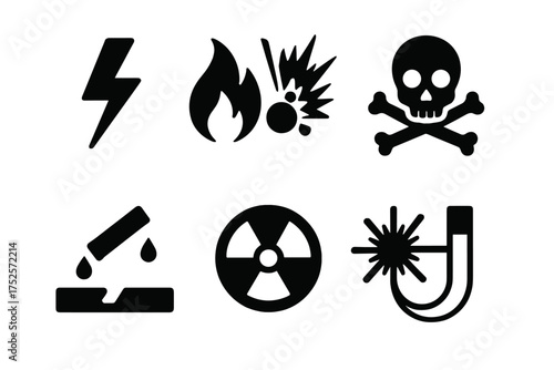 Warning symbols representing hazards from fire, electrical shock, toxic substances, and radiation in diverse contexts