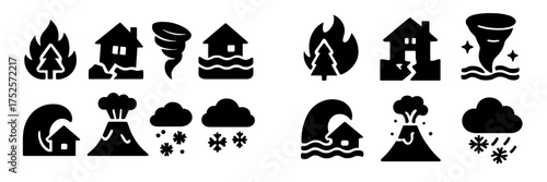 Icons representing various natural disasters in a simple, bold design suitable for educational purposes