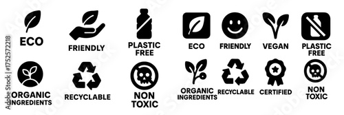Symbols promoting eco-friendly and sustainable practices for consumers in various aspects of daily life