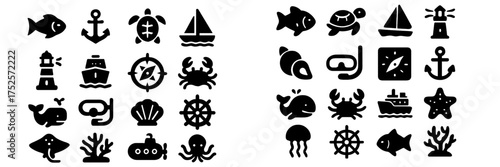 Various marine-themed icons including animals, vessels, and navigational tools in a simple black design