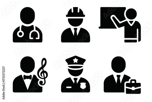 Icons representing various professions including doctor, construction worker, teacher, musician, police officer, and businessperson at work
