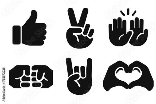 Various hand gesture symbols representing positive communication and emotions