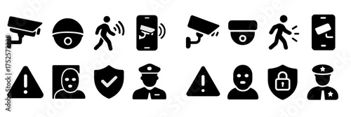 Security symbols and icons representing surveillance, alerts, and safety measures in various situations