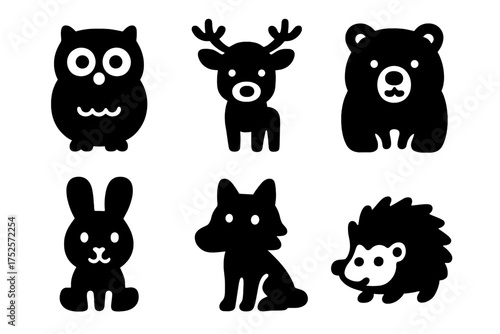 Cute animal silhouettes showcasing an owl, deer, bear, rabbit, fox, and hedgehog on a plain background