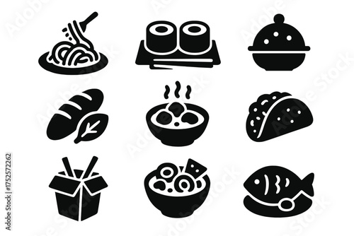 Various popular food icons representing different cuisines and dishes from around the world showcased in a simple design