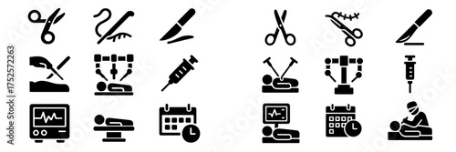 Icons depicting various medical tools, procedures, and healthcare activities in a clear and straightforward style